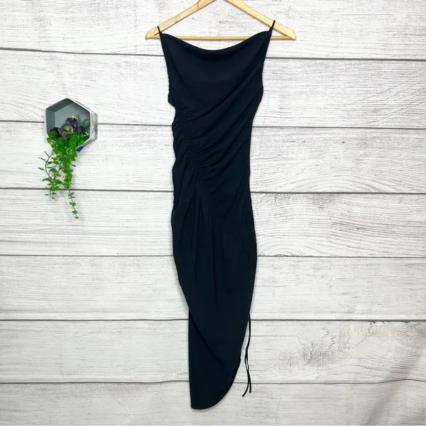Abercrombie & Fitch Black Asymmetrical Bodycon Ruched Midi Dress Size XXS - Image 5