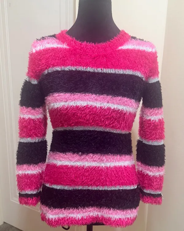Falls Creek Pink, Black & Metallic Striped Fuzzy Sweater - Junior Size L - NWOT - Image 2