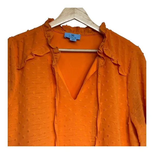 CeCe Womens Ruffle Neck Tie 3/4 Sleeve Clip Dot‎ Blouse Orange Size L - Image 3