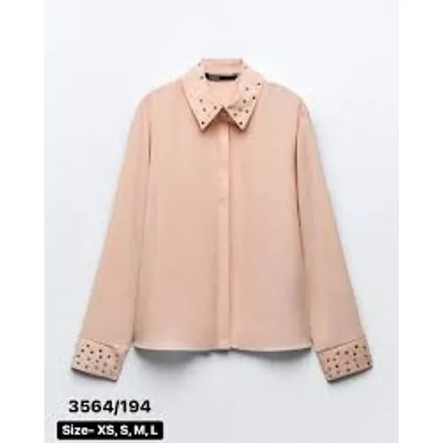 Zara Button Down Blouse Women XS Pink Rhinestone Studded Collar Cuff 3564/194‎ - Image 6