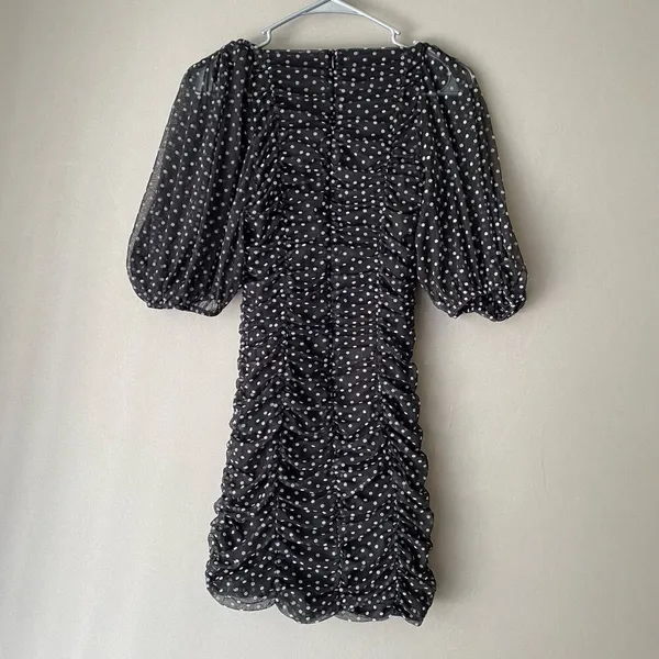 ZARA Polka Dot Ruched Mini Dress M Black‎ - Image 9