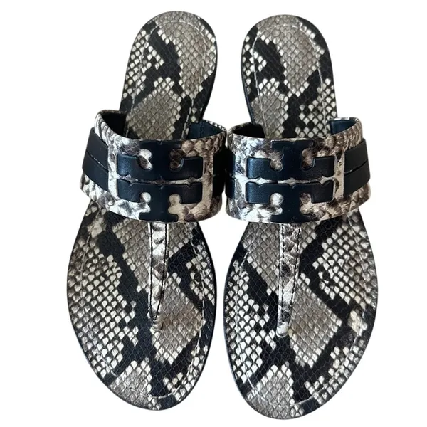 Tory Burch Leigh Thong Sandals 8.5‎ Roccia Snakeskin Black Logo - Image 2
