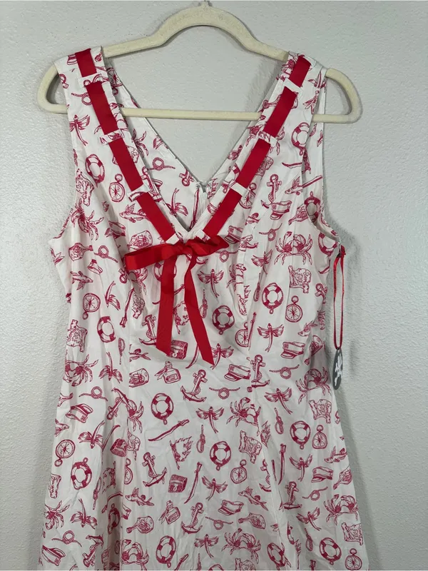 Hell Bunny Red White Nautical Print Fit & Flare Dress Womens XL Rockabilly NWT - Image 10