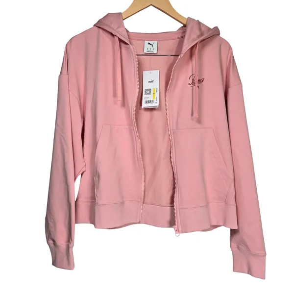 Puma Pink Script Logo Zip Up‎ Hoodie Sweatshirt Women's Medium - Image 3