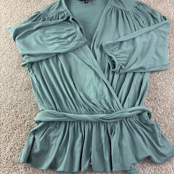 Lauren Ralph Lauren Black Label Wrap Top Womens L Teal Peplum Jersey V Neck Soft - Image 13