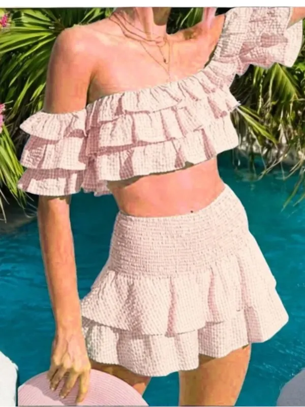 Illa Illa Blue White Gingham Ruffle Off The Shoulder Two Piece Short Set Medium - Image 2