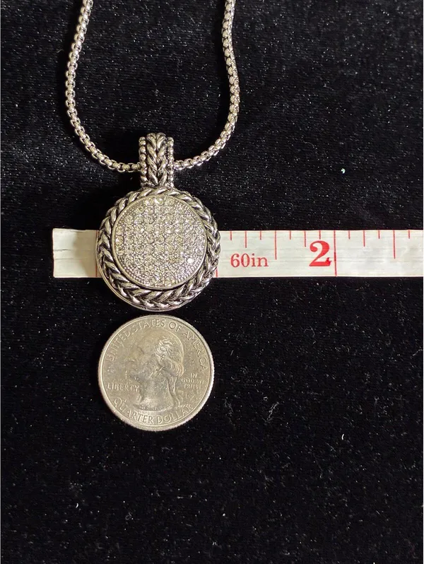 Silver-Tone Pavé Rhinestone Disc Pendant Necklace with Braided Chain - Image 4