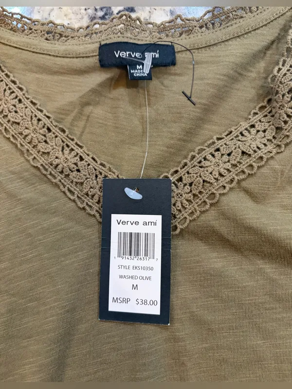 Verve Ami Olive Green Crochet Trim Short Sleeve Top - Image 2