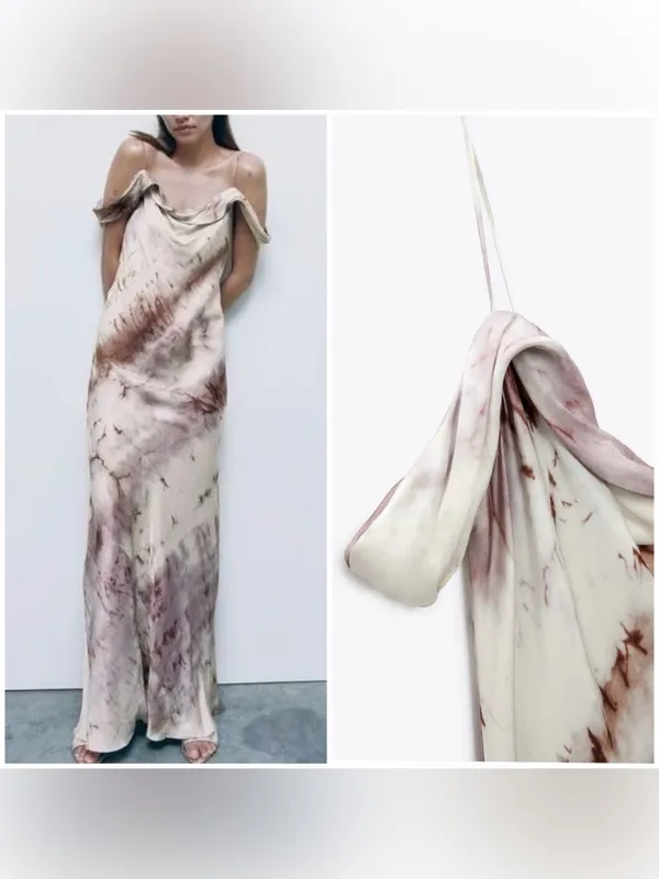 NWT- ZARA Satin Tie-Dye Maxi Slip Dress Off Shoulder Purple Cream Sz XL - Image 4