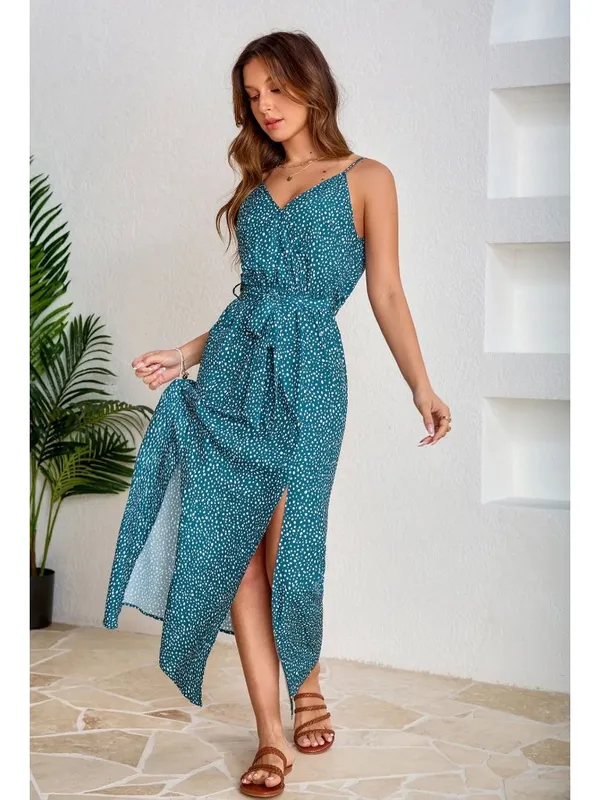NWT Cupshe Green V-Neck Split Maxi Dress - Size: Large - Image 11