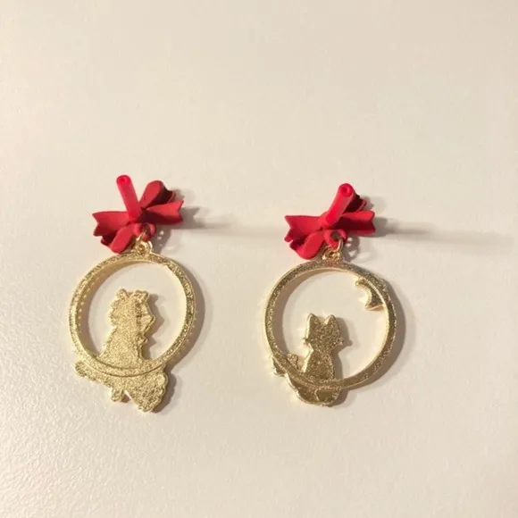Kiki's Delivery Service Earrings Jiji Cat Anime Studio Ghibli Red Bow Gold‎ Hoop - Image 3