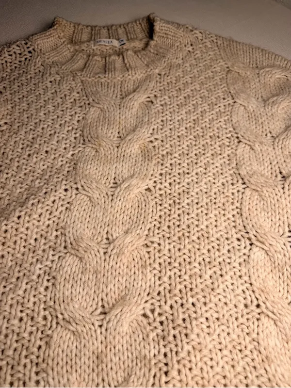 MERSEA Womens OS Chunky Cable Knit Sweater Wool Alpaca Cream Made in Italy - Image 9