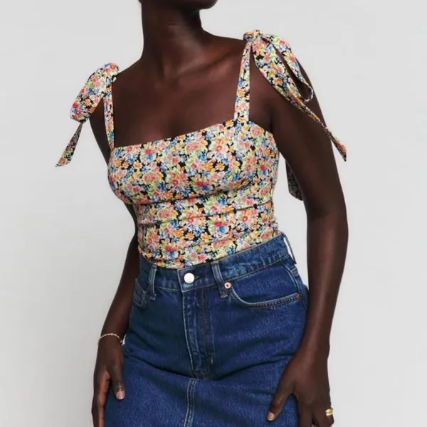 Reformation Floral Tie-Strap Tank Top in Navy Multi - Image 3