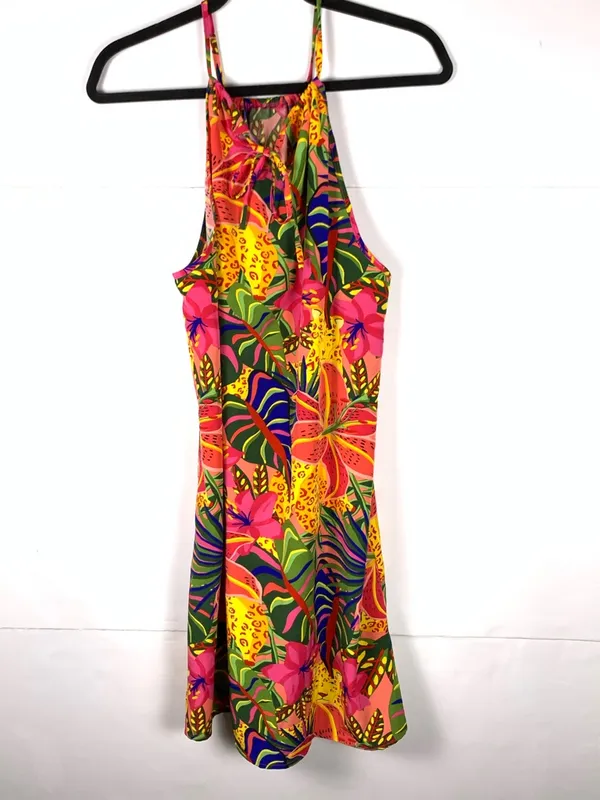 SHEIN Dress Women L Tropical Floral Jungle Print Halter Tie Neck Midi - Image 3