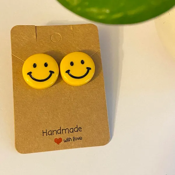 Handmade Smiley Kawaii yellow stud earrings NEW unisex - Image 2