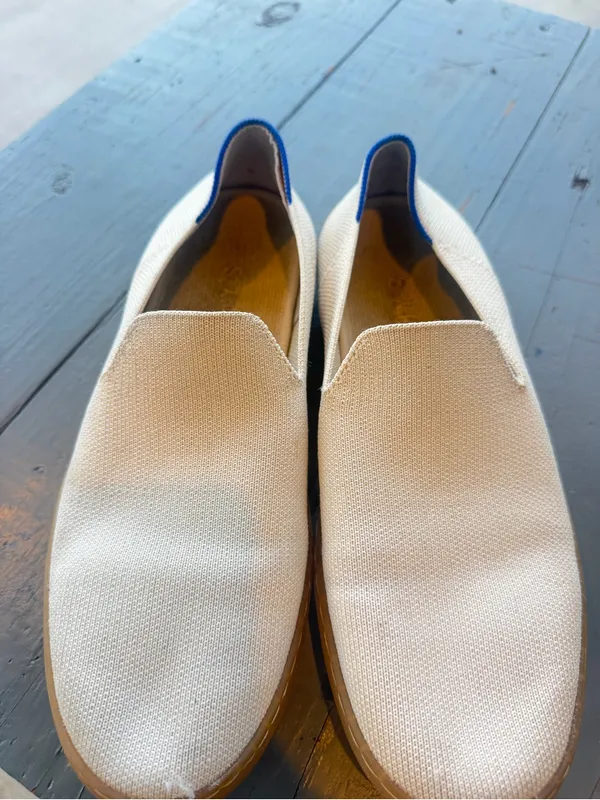 Rothy’s Woman Slip-On Canvas Shoes in Beige with Gum Sole - Image 5