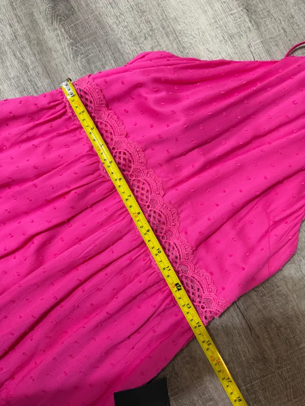 LULUS So Dainty Hot Pink Swiss Dot Halter Neck Lace Mini Dress - Image 7