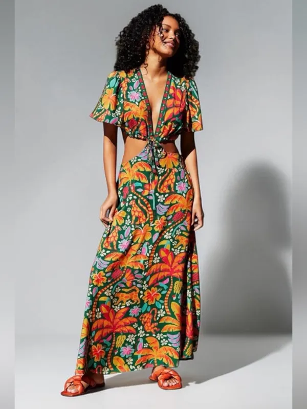Farm Rio Tropical Cutout Maxi Dress in Green with Pink Orange Floral Print S XL - Image 3