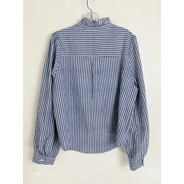 Sugarlips Button Down Shirt Blue White Striped Ruffle Neck Puff Sleeve Large - Image 7
