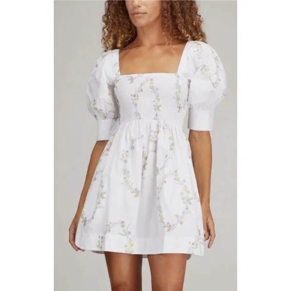 GANNI Floral Printed Poplin Cotton Mini-Dress 2 NWT Sun Puff Sleeve Cottagecore - Image 2