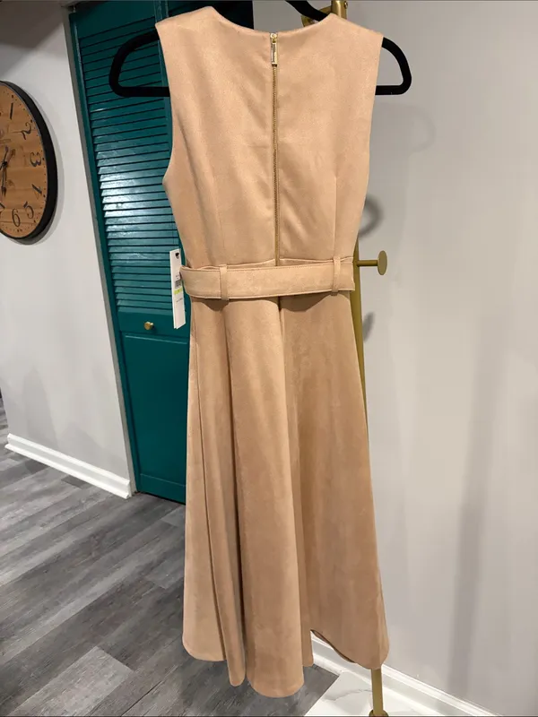 Calvin Klein NWT Sleeveless Belted Faux Suede Fit & Flare Midi Dress - tan - Image 4
