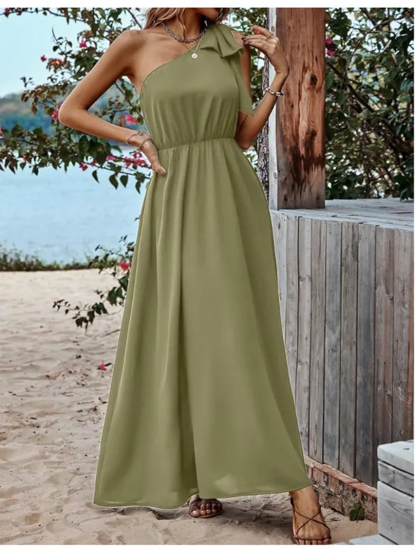 NEW Olive Green One Shoulder Maxi Dress S - Image 6