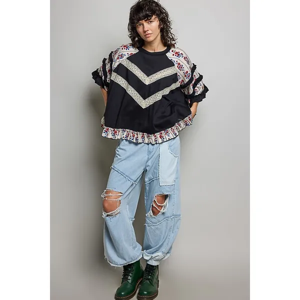 POL Round Neck‎ Half Sleeve Contrast Floral Lace Oversized Knit Top - Small - Image 5