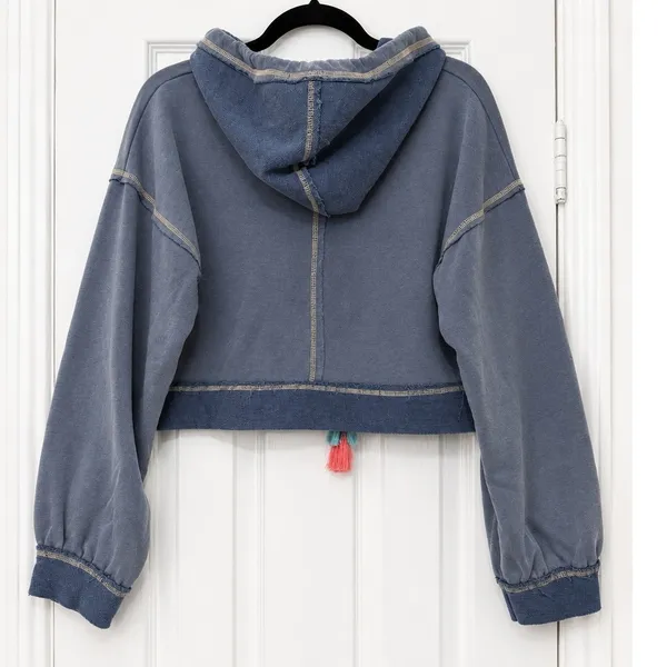 POL Cropped Oversized Hoodie Blue Mineral Wash Tassel Drawstring Sweatshirt S - Image 3