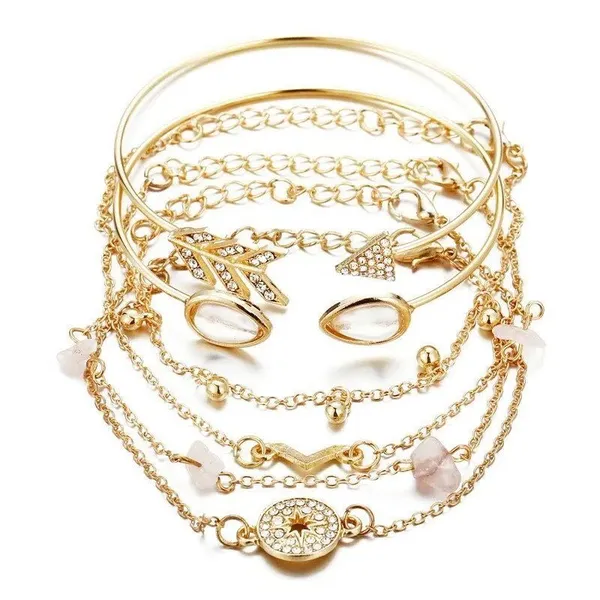 Gold Arrow Stacking Bracelets Bohemian Stone Beads Chains Fashion 6-pc Jewelry - Image 3