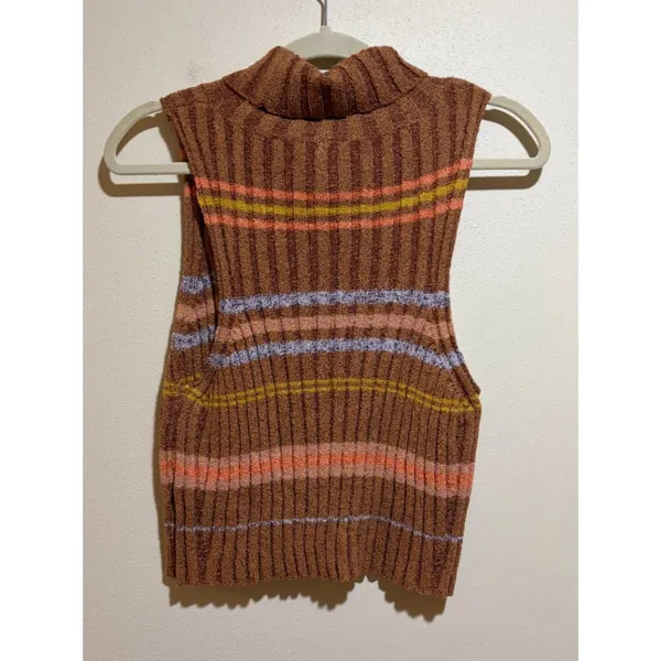Free People L Edith Striped Turtleneck Sweater Brown Crop Tank Sleeveless Ribbed - Image 10