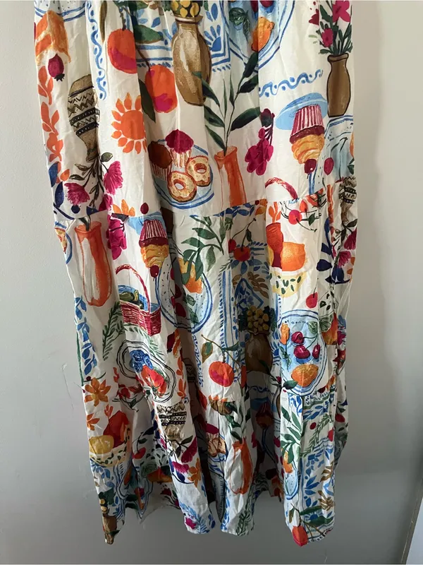 White Red Fruit Novelty Print Smocked Tiered Midi Dress Large Mediterranean - Image 3