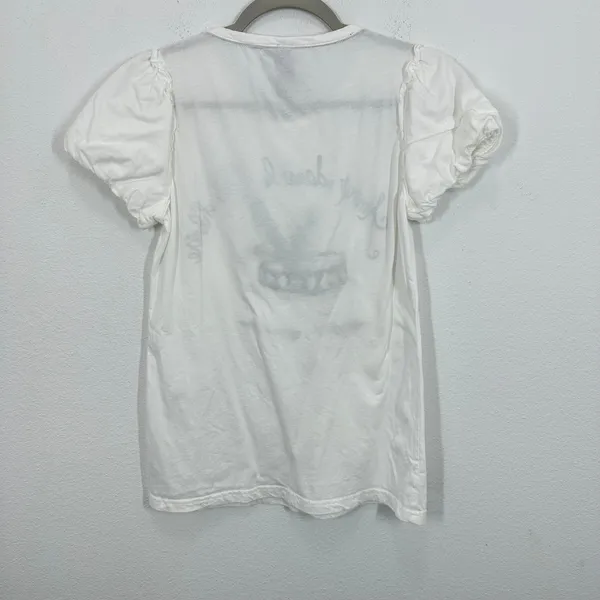 Forever 21 Y2K White Graphic Tee with Puff Sleeves French Dancer Beaded Size Medium - Image 6