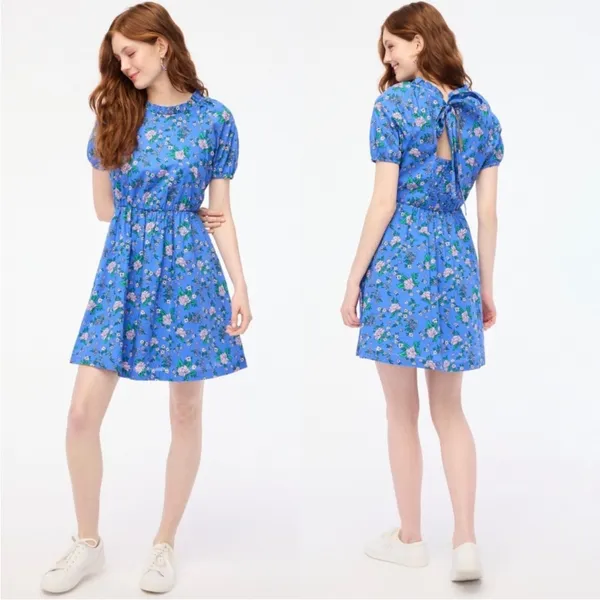 J.Crew Floral Puff Sleeve Mini Dress Blue Cotton Smocked Back Tie Neck Size‎ 12 - Image 2