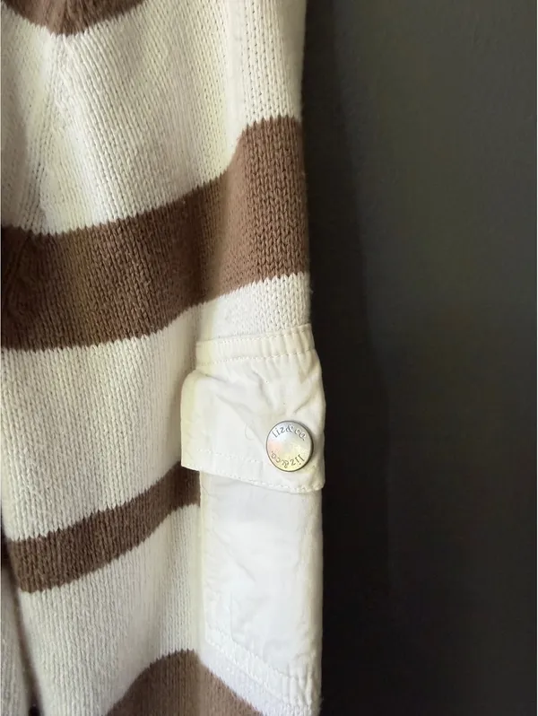 Liz & Co. Brown and White Striped Cotton Half-Zip Sweater, Size M - Image 6