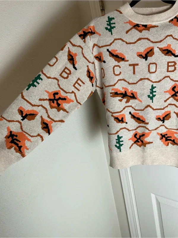 Vintage Style October Fall Sweater Beige Orange Leaves Trees Crewneck Medium / L - Image 4