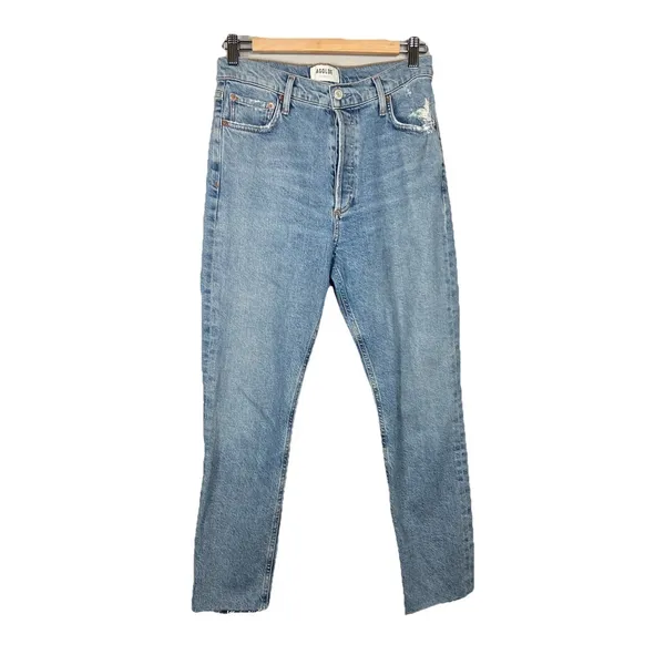 AGOLDE High Rise Straight Leg Distressed Jeans Light Wash Size 27‎ Button Fly - Image 3