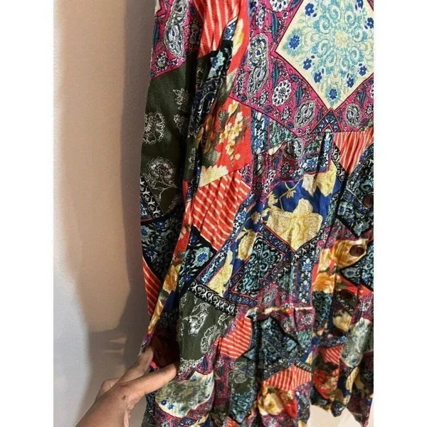 Ces femme Women Small Artsy Folksy Bohemian Patchwork Colorful Fall Chic Dress - Image 7