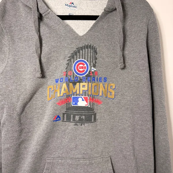 Majestic Chicago Cubs 2016 World Series Champions Hoodie V Neck Gray Size Large - Image 3