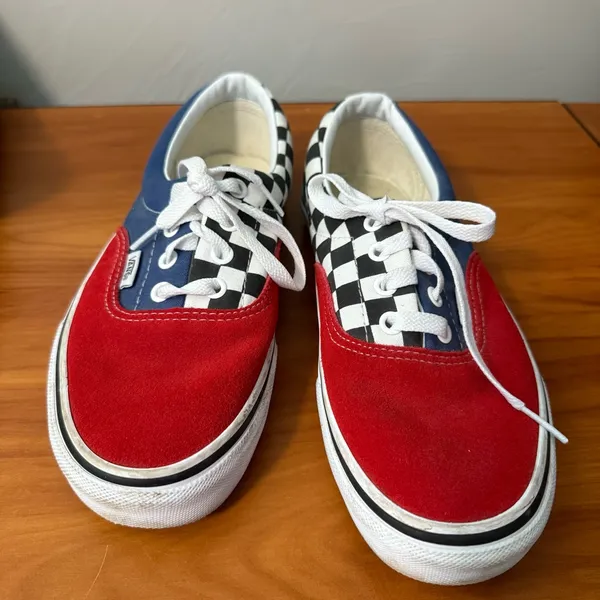 Vans Authentic Low Top Color Block Red Blue Checkerboard Suede Lace Up Sneaker‎ - Image 6
