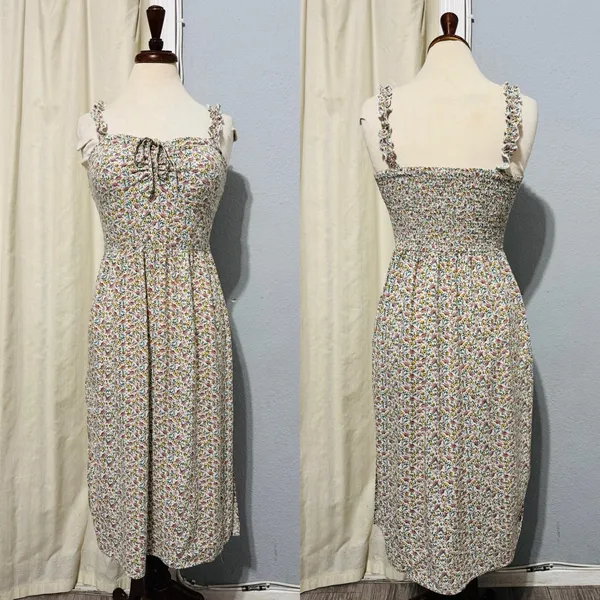 AUW L Green Floral Smocked Tie-Front Ruffle Strap Slit Midi‎ Dress Padded Bra - Image 2