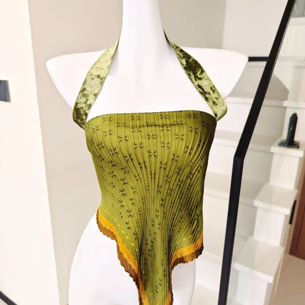 Olive Green Pleated Halter Top Floral Pattern Velvet  - Image 2
