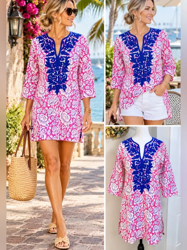 💥Roller Rabbit Pink Floral Embroidered Cotton Tunic Cover Up Top XS💛 - Image 2