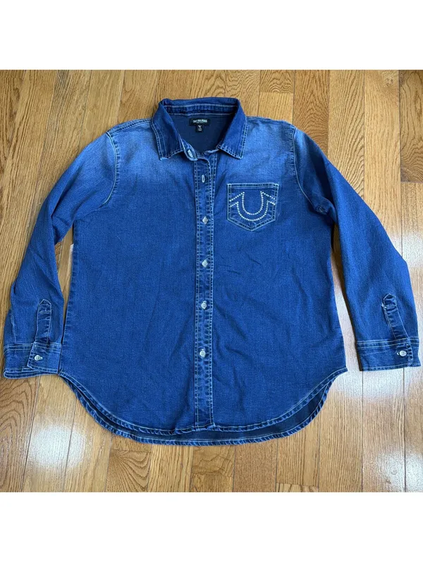 Size Large Women’s True Religion Western Denim Shirt Crystal Horseshoe - Image 3