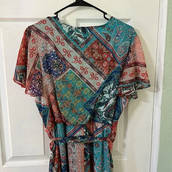 One World Woven Chiffon Ruffle Mixed Patchwork Knit Lined Midi Dress Women's XL - Image 4