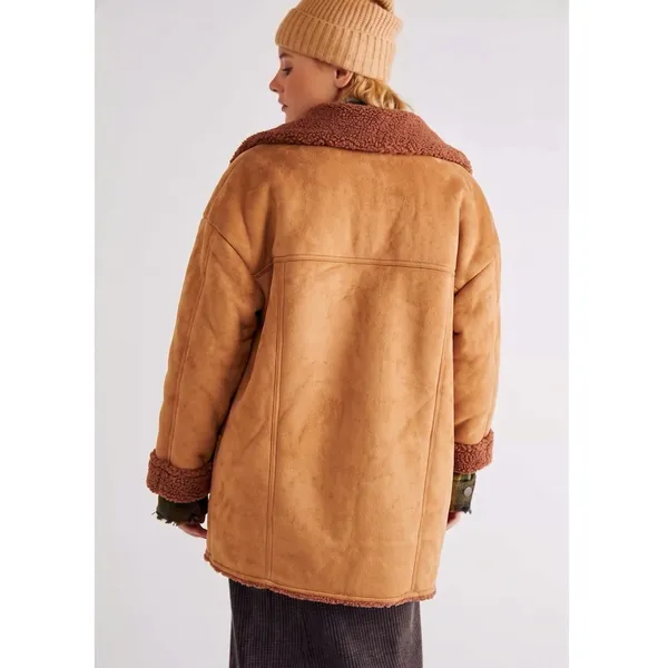 Free People Western Bohemian Retro 70s Faux Sherpa Suede Diogo Coat Size XL - Image 3