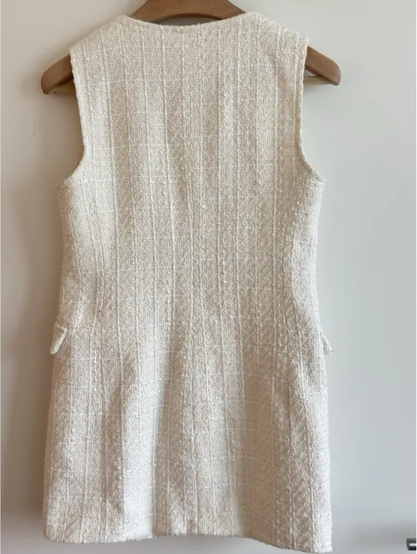 Zara Tweed Double Breasted Mini Dress Ivory Pearl Buttons Size M - Image 4