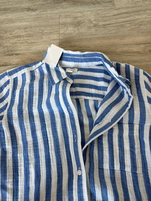 NWT J. Crew Blue and White Vertical Stripe Linen Button-Down Shirt - Image 7