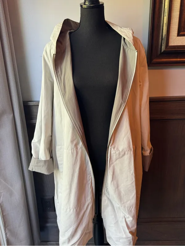 Eileen Fisher cream & gray reversible Hooded Trench Coat - Image 7
