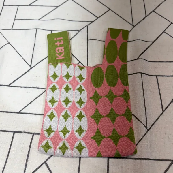 Kati Knit Mini‎ Tote Bag Small Pink Green Geometric Harlequin Pattern - Image 2