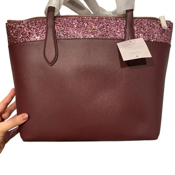 Kate Spade Flash Glitter‎ Shoulder Tote Bag Maroon Zip Top Sparkle Evening New - Image 6